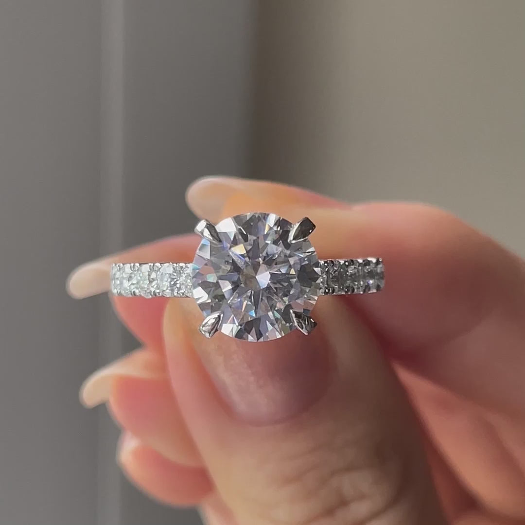 4 claw prong large accented 14k white 2ct round lab diamond engagement ring Quorri Canada