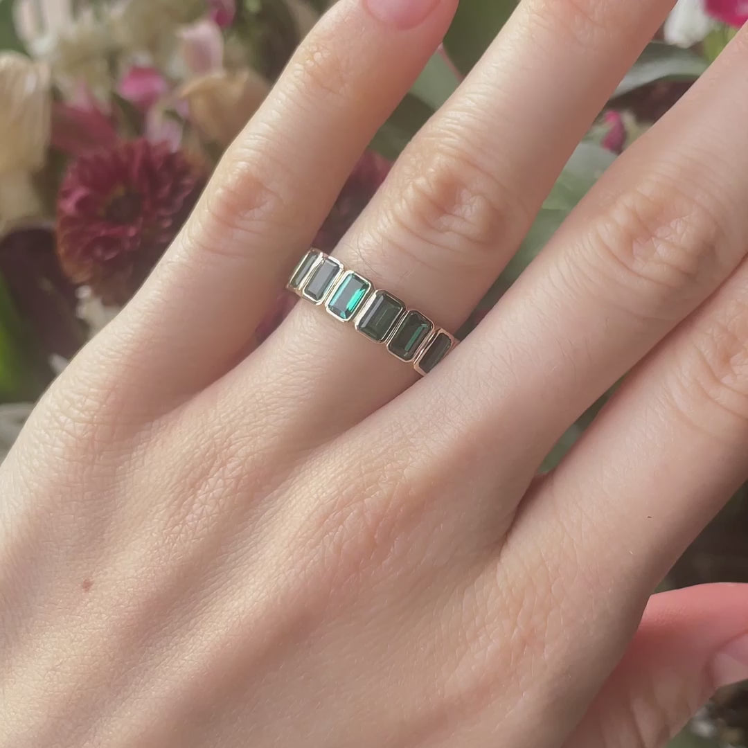 North South set 14k yellow gold full bezel 4ct.tw  lab grown green Zambian emerald eternity wedding and anniversary ring Quorri