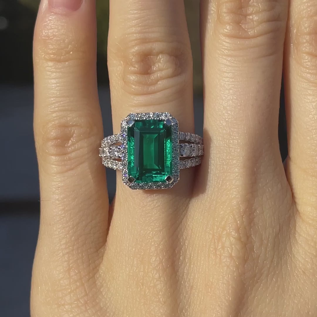 designer 14k white gold green 2 carat emerald halo engagement ring Quorri Canada