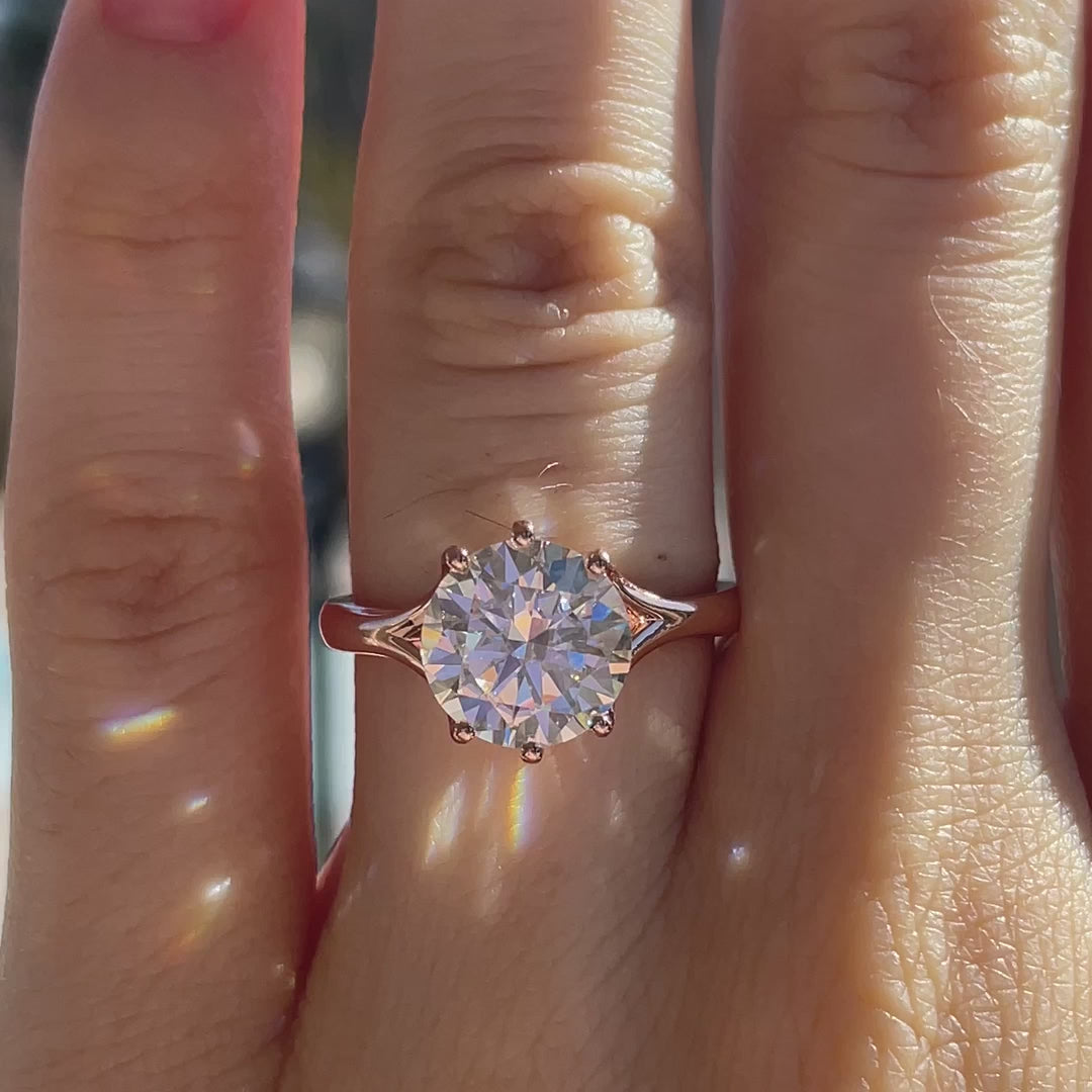 2.5 carat rose gold six prong round lab grown diamond solitaire engagement ring