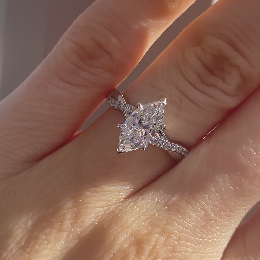 Canadian designer 18k white gold 2 carat marquise lab diamond intertwine band engagement ring Quorri Canada 