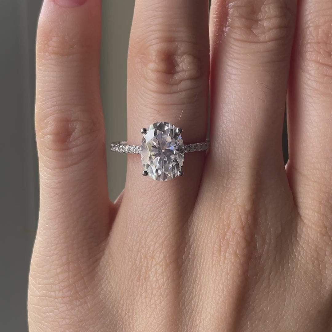 designer vintage 3 carat 18k white gold accented oval lab diamond engagement ring Quorri Canada