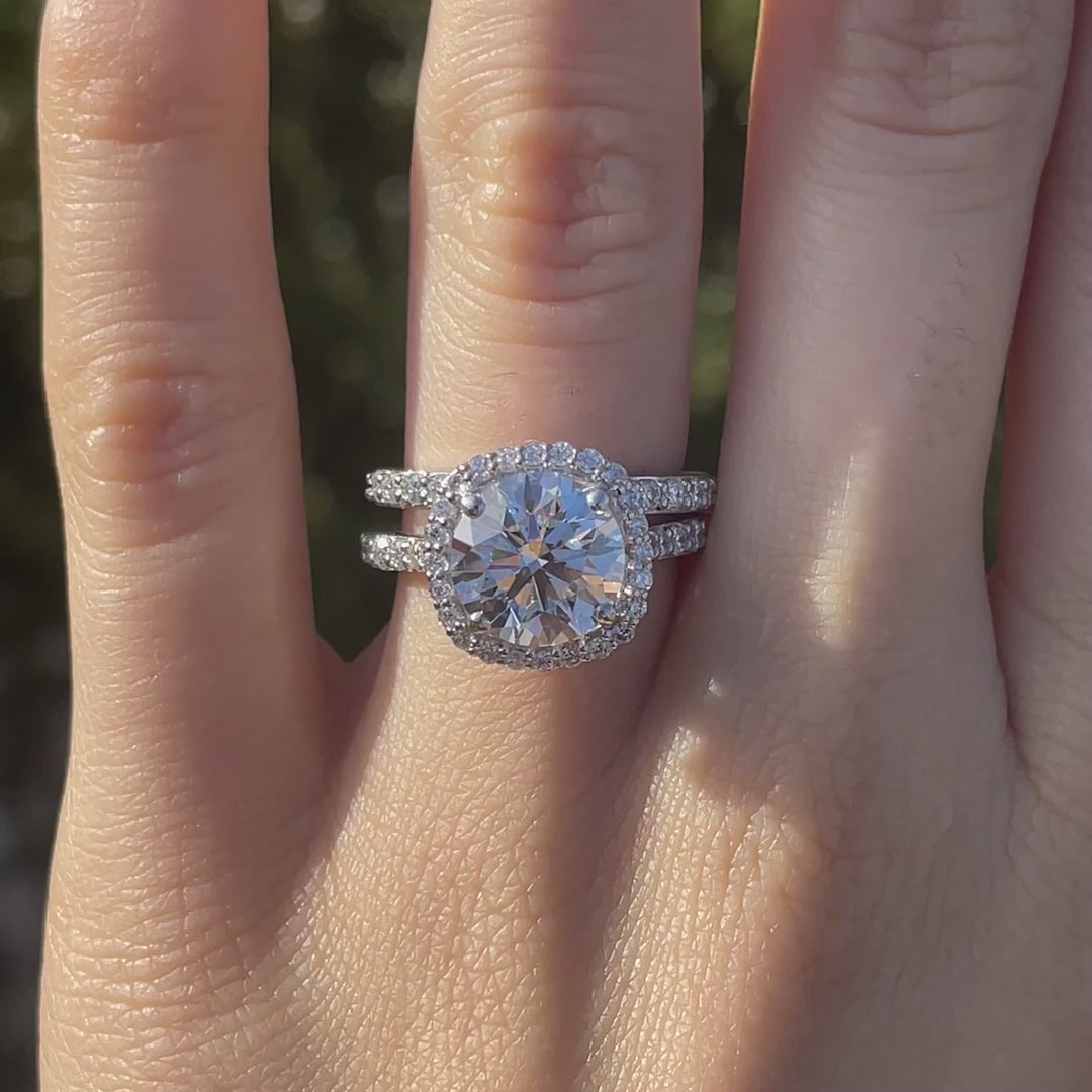 affordable discount 18k white gold accented halo 3 carat lab diamond engagement rings and wedding band set Quorri Canada