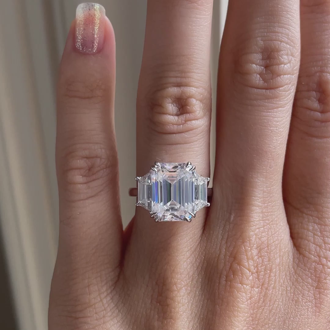 6 carat dual claw emerald and trapezoid three stone 18k white gold lab diamond engagement ring Quorri