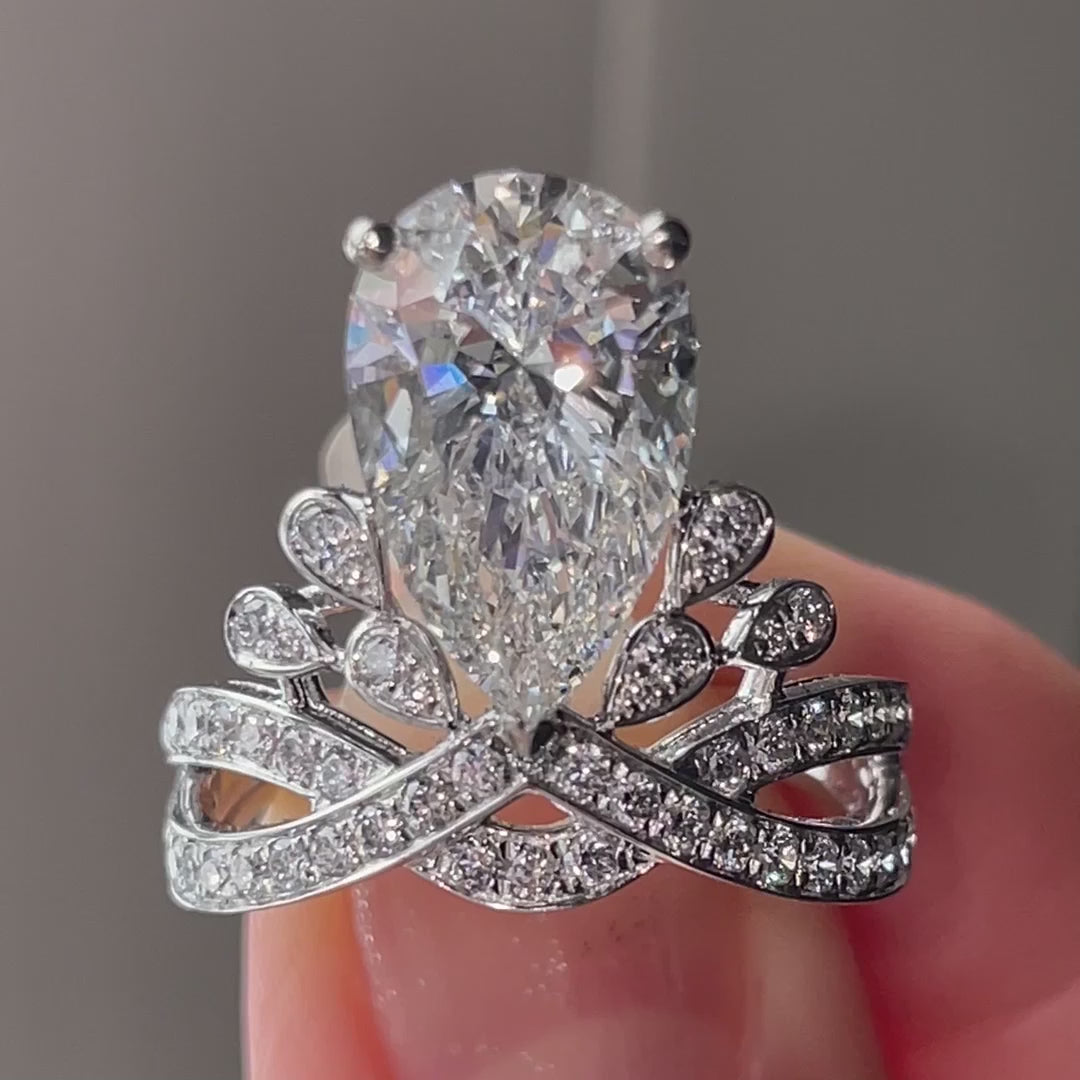 designer antique 18k white gold 3 carat pear lab grown diamond tiara engagement ring Quorri Canada