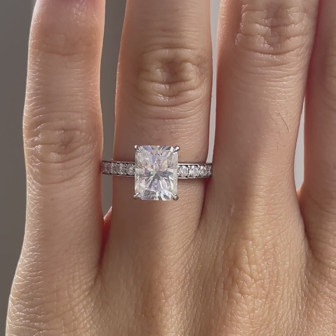 3 carat platinum accented claw prong under-halo radiant lab created diamond engagement ring Quorri