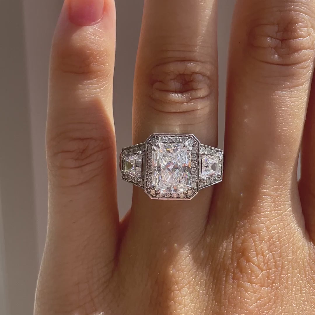 elaborate dual claw 5ct radiant halo lab diamond engagement ring