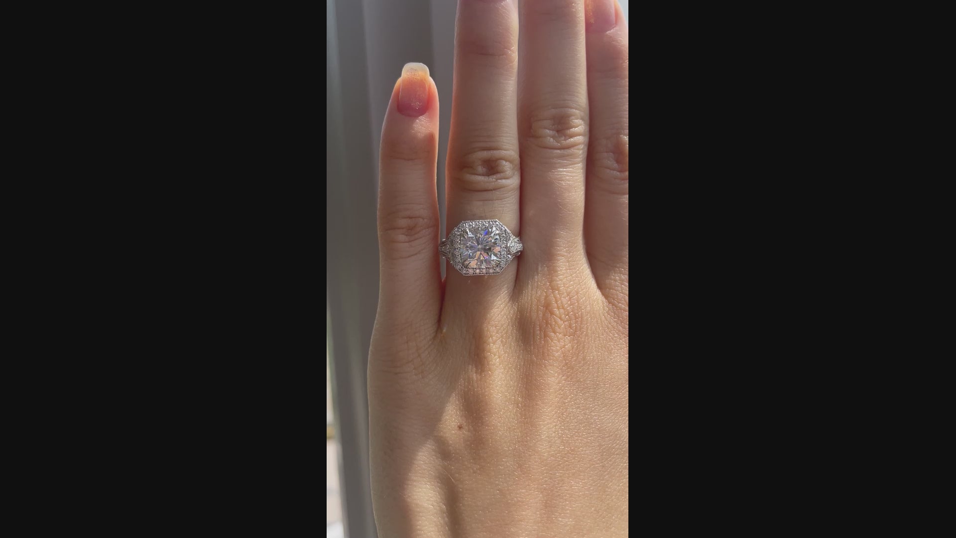 Platinum designer antique dual claw prong engraved 4 carat cushion lab grown diamond engagement ring Quorri Canada