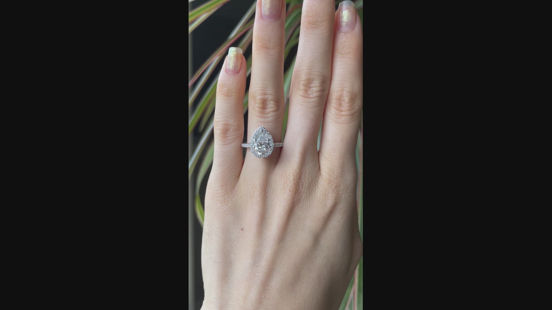 designer platinum accented 2 carat pear halo lab grown diamond engagement ring Quorri Canada