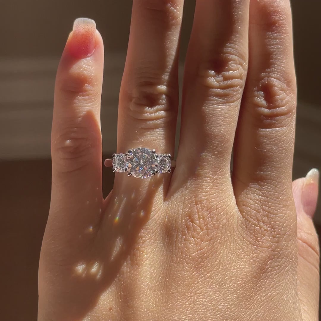 3 carat 18k white gold affordable three stone trilogy round lab grown diamond engagement ring Quorri