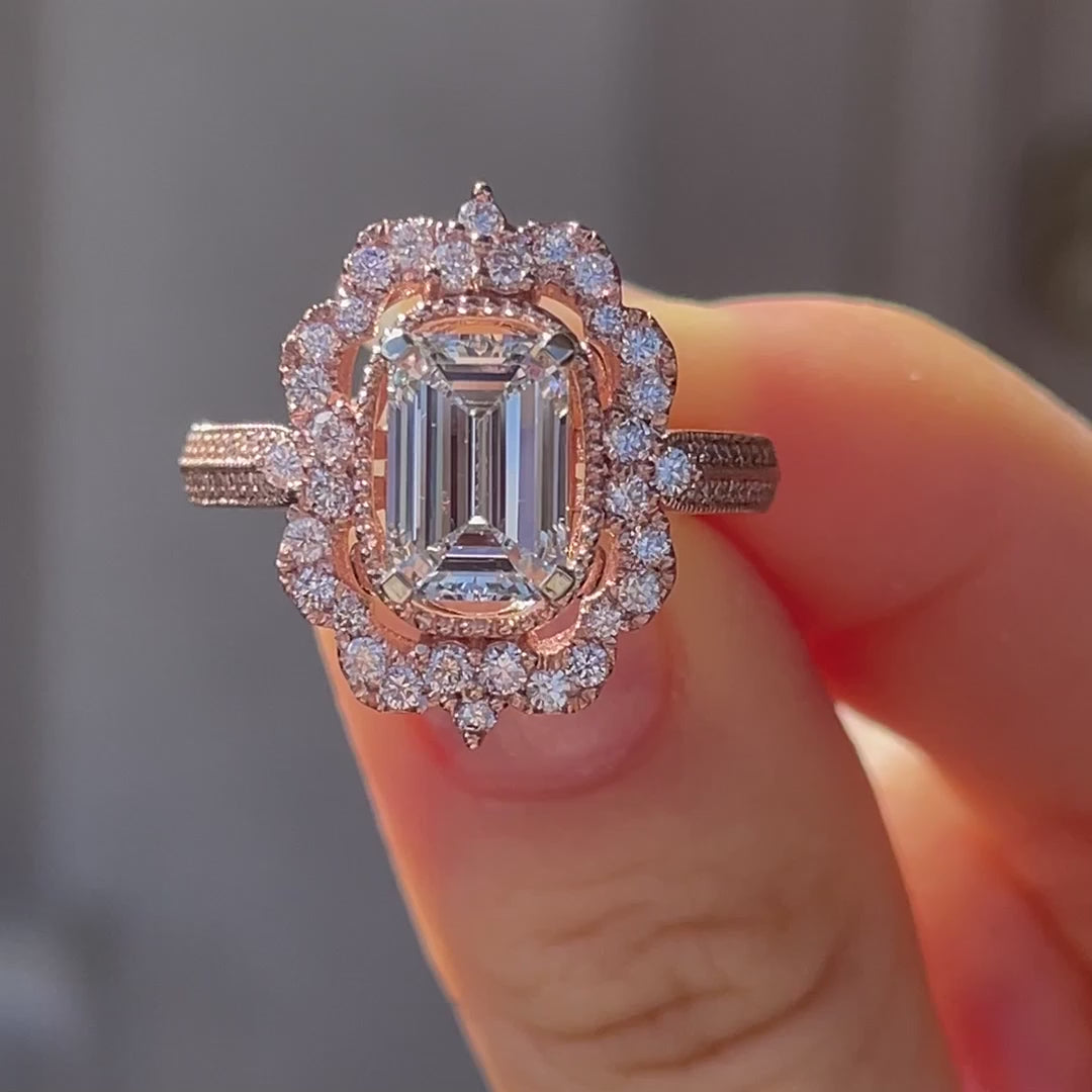 designer 14k rose gold vintage 2 carat emerald lab diamond halo engagement ring Quorri Canada