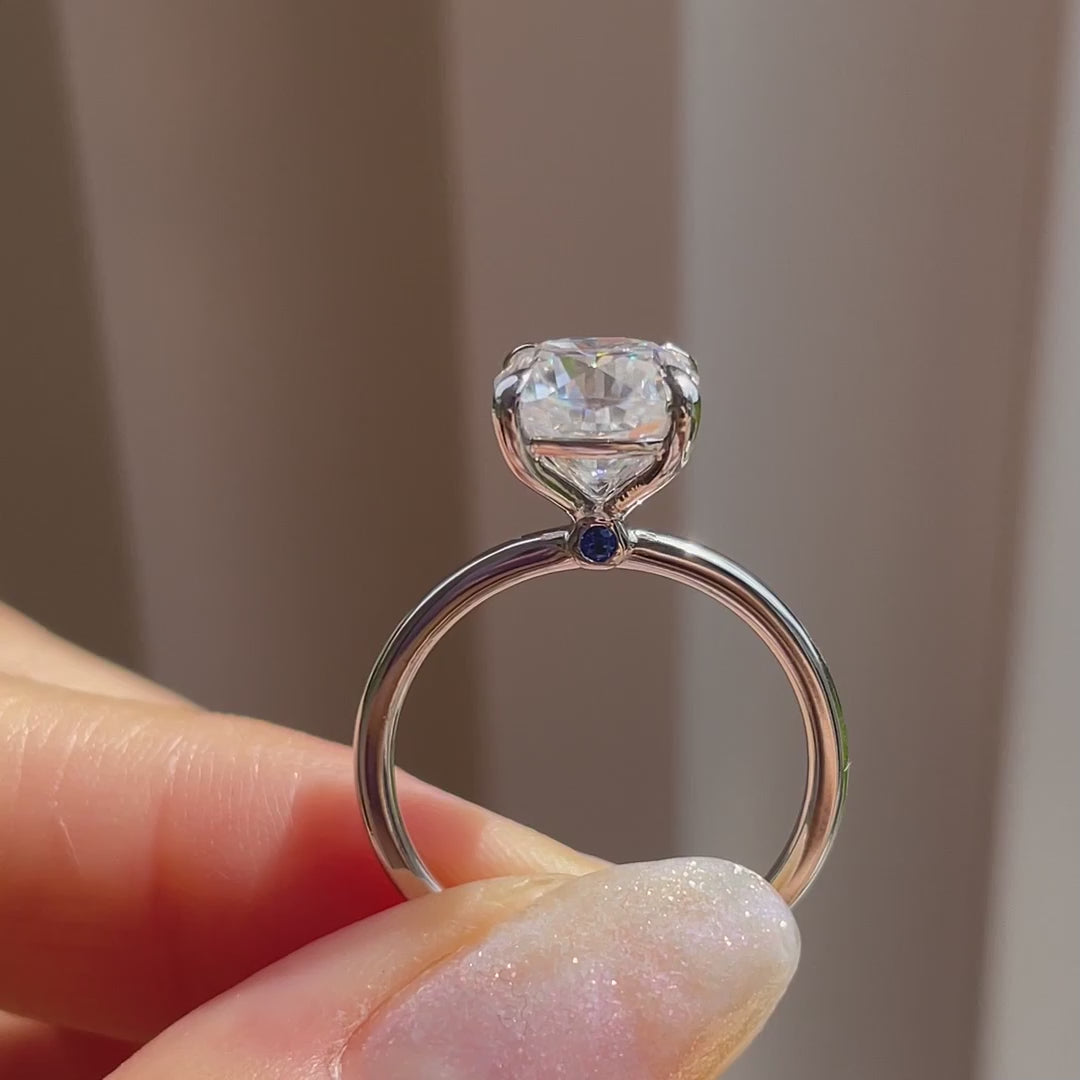 2.5 carat blue sapphire accented claw prong white gold cushion lab made diamond engagement ring Quorri 