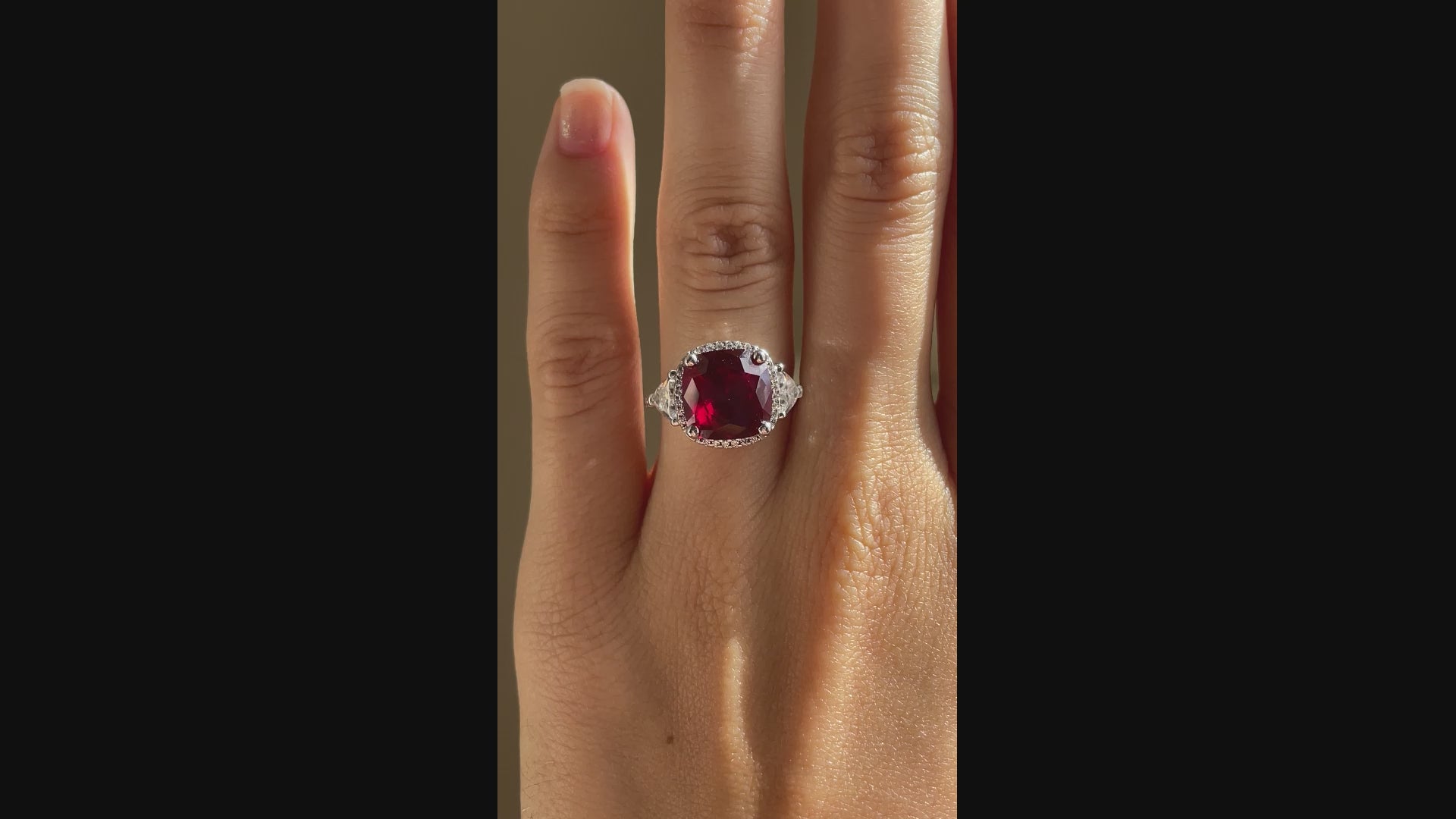 4 carat 18k white gold claw prong halo three stone cushion red ruby lab diamond engagement ring Quorri Canada