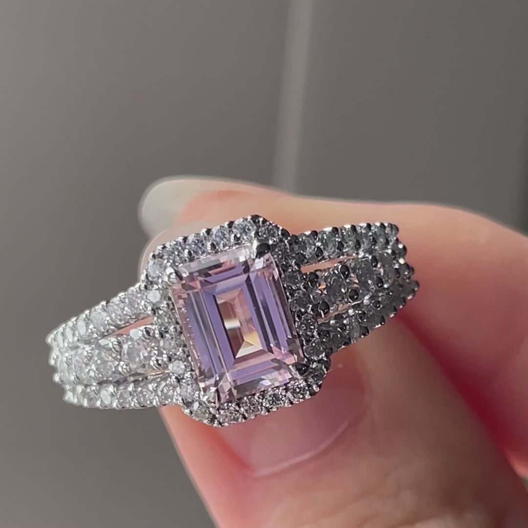 Canadian designer 18k white gold claw prong 2.5 carat pink lab grown sapphire and diamond halo three row engagement ring Quorri 