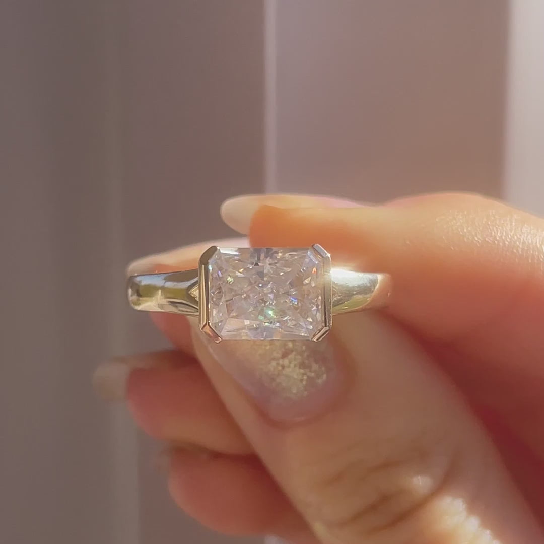 14k yellow gold designer half bezel set 2 carat radiant lab diamond engagement ring Quorri