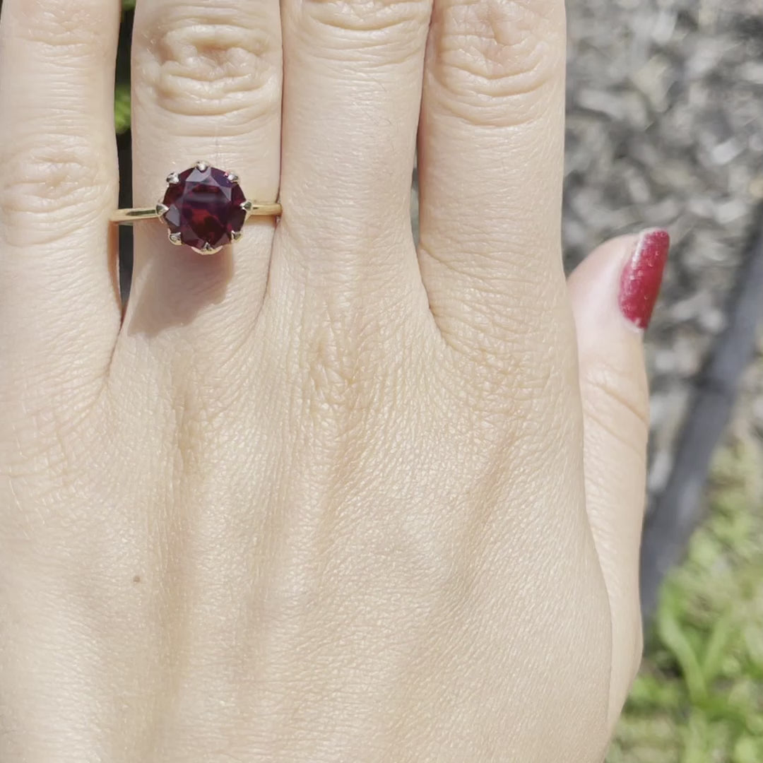 designer 18k yellow gold eight prong 3.00 carat lab grown red ruby engagement ring at Quorri Canada