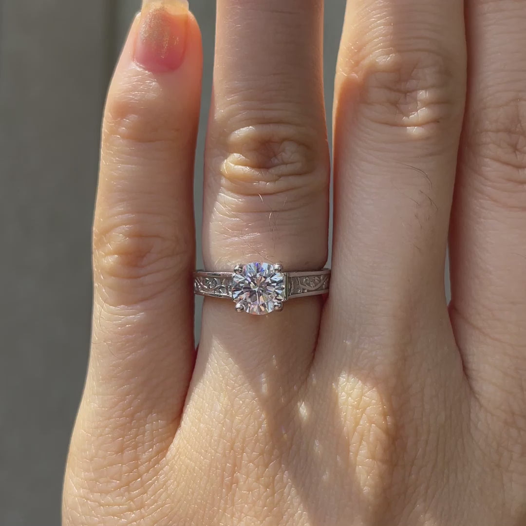 3 carat 18k white antique rose engraved round lab diamond engagement ring Quorri