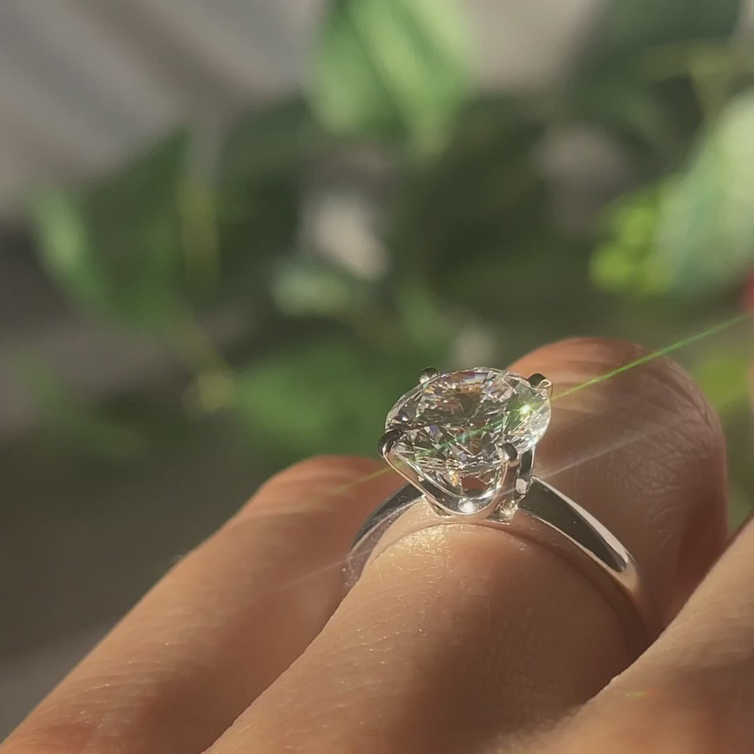3 carat 14k white gold four prong round brilliant lab grown diamond cathedral solitaire engagement ring Quorri