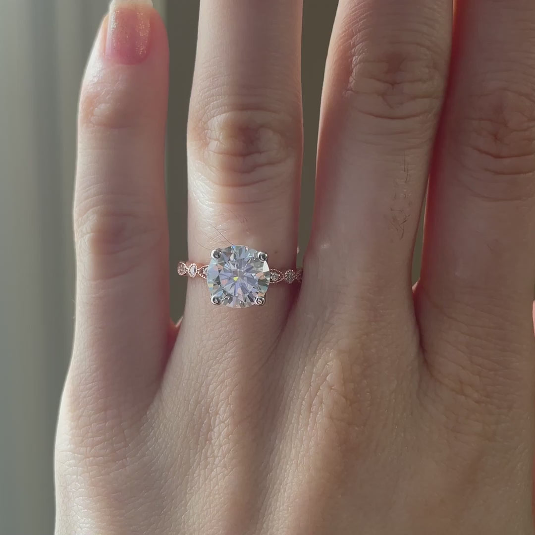 two-tone rose white gold vintage antique petal design 2.5 carat round lab grown diamond engagement ring Quorri