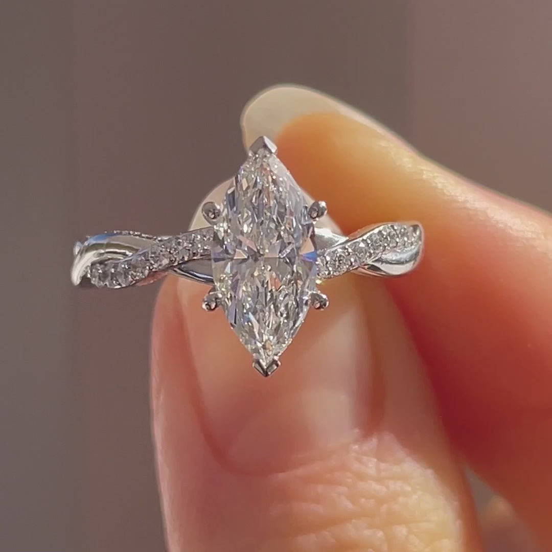 designer 14k white gold six prong 2 carat marquise lab diamond intertwine band engagement ring Quorri made in Canada