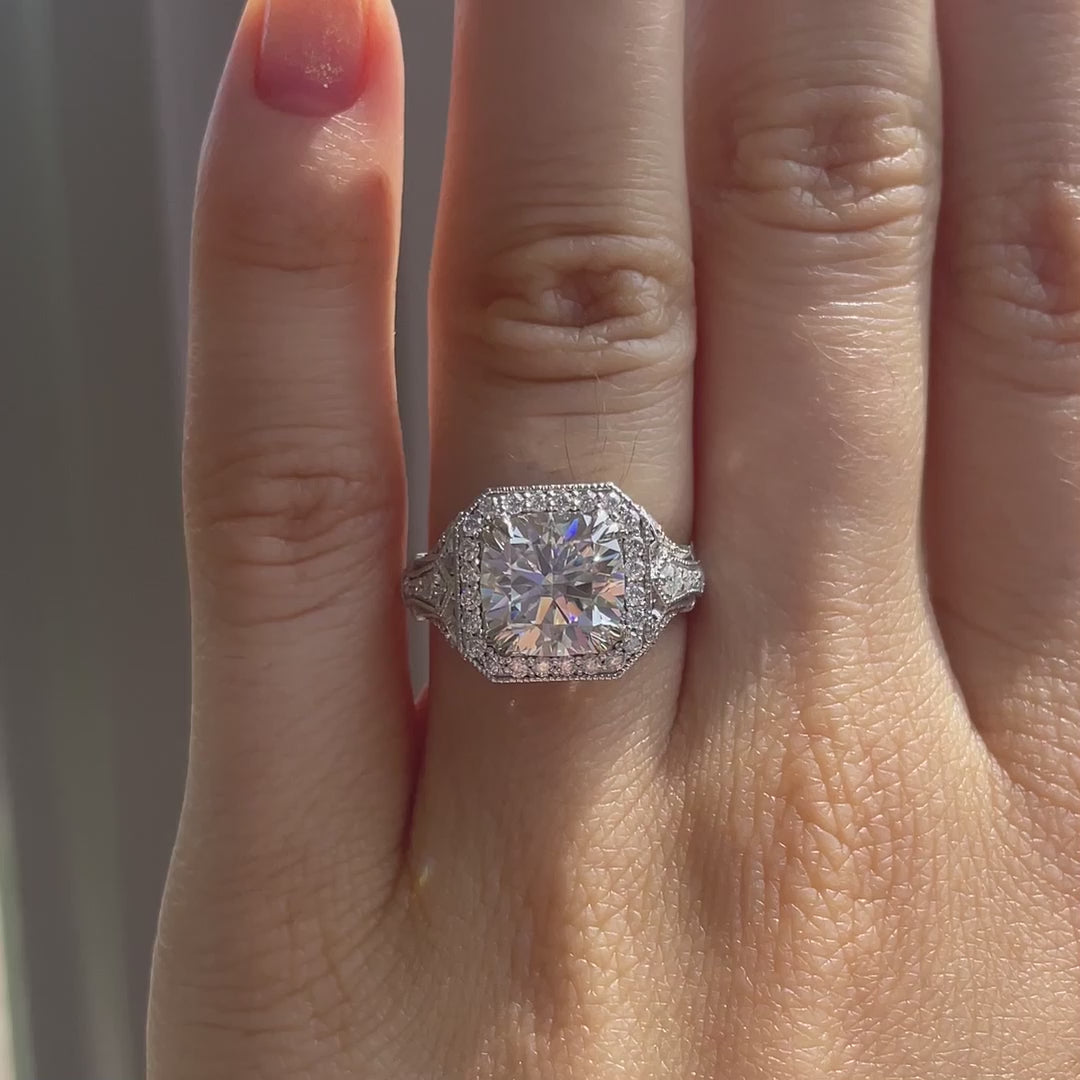 designer 18k white gold antique dual claw prong filigree 3 carat cushion lab grown diamond engagement ring Quorri