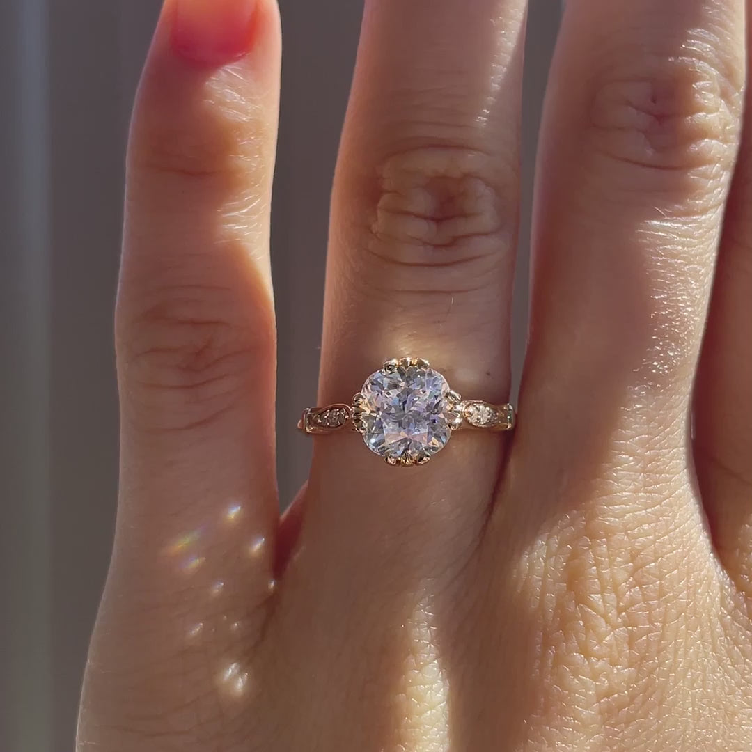 rose gold 3 carat designer vintage claw prong cushion lab made diamond engagement ring Quorri Canada