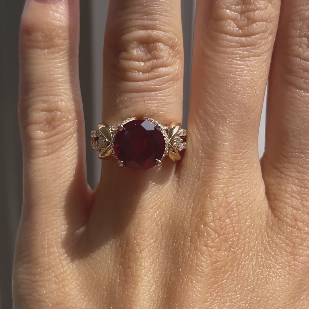 designer antique 18k yellow gold vintage 3 carat ruby gemstone diamond engagement ring Quorri