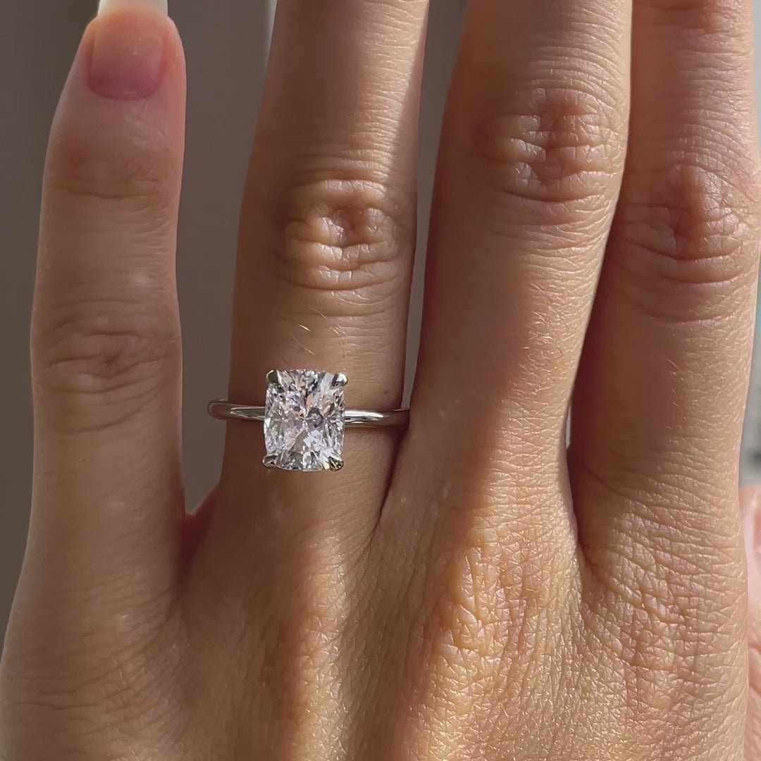 platinum claw prong under-halo 2 carat elongated cushion lab diamond engagement ring Quorri 