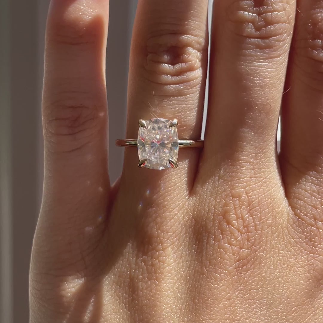 3ct 18k yellow gold claw prong under-halo elongated cushion lab created diamond engagement ring Quorri 