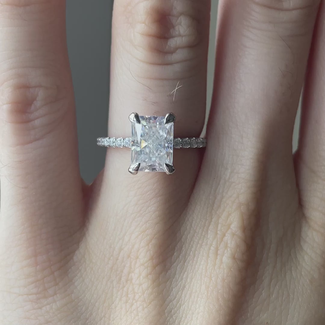 white gold claw prong accented under-halo 3 carat radiant lab diamond engagement ring Quorri