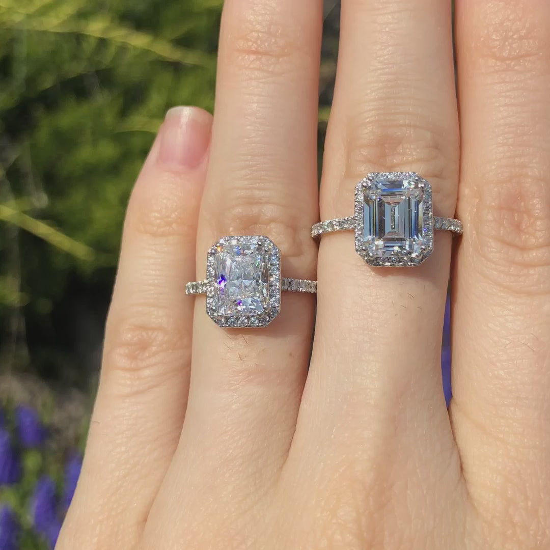 affordable 18k white gold dual claw emerald and radiant halo lab grown diamond engagement ring Quorri