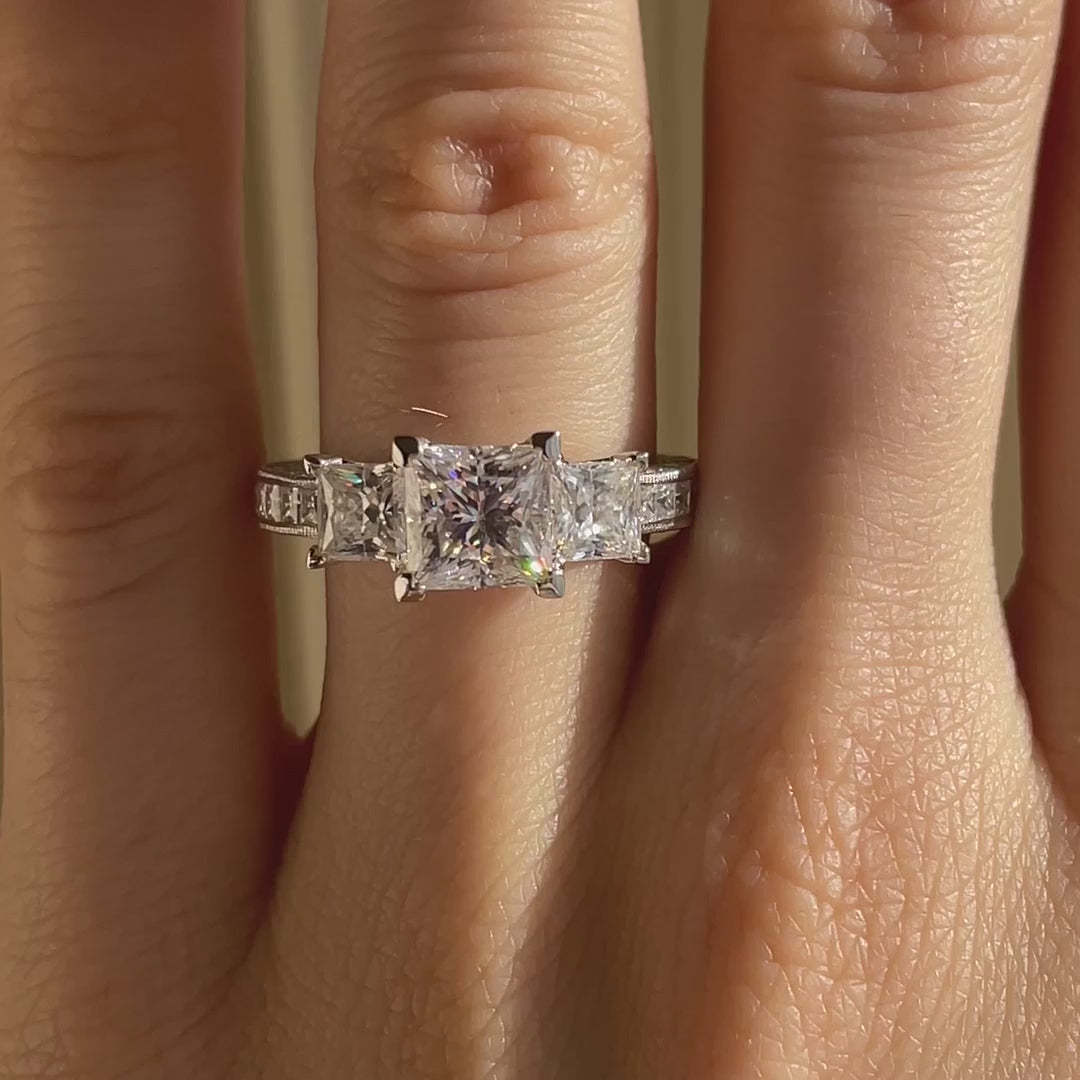 platinum vintage accented three stone 2 carat princess lab created diamond engagement ring Quorri