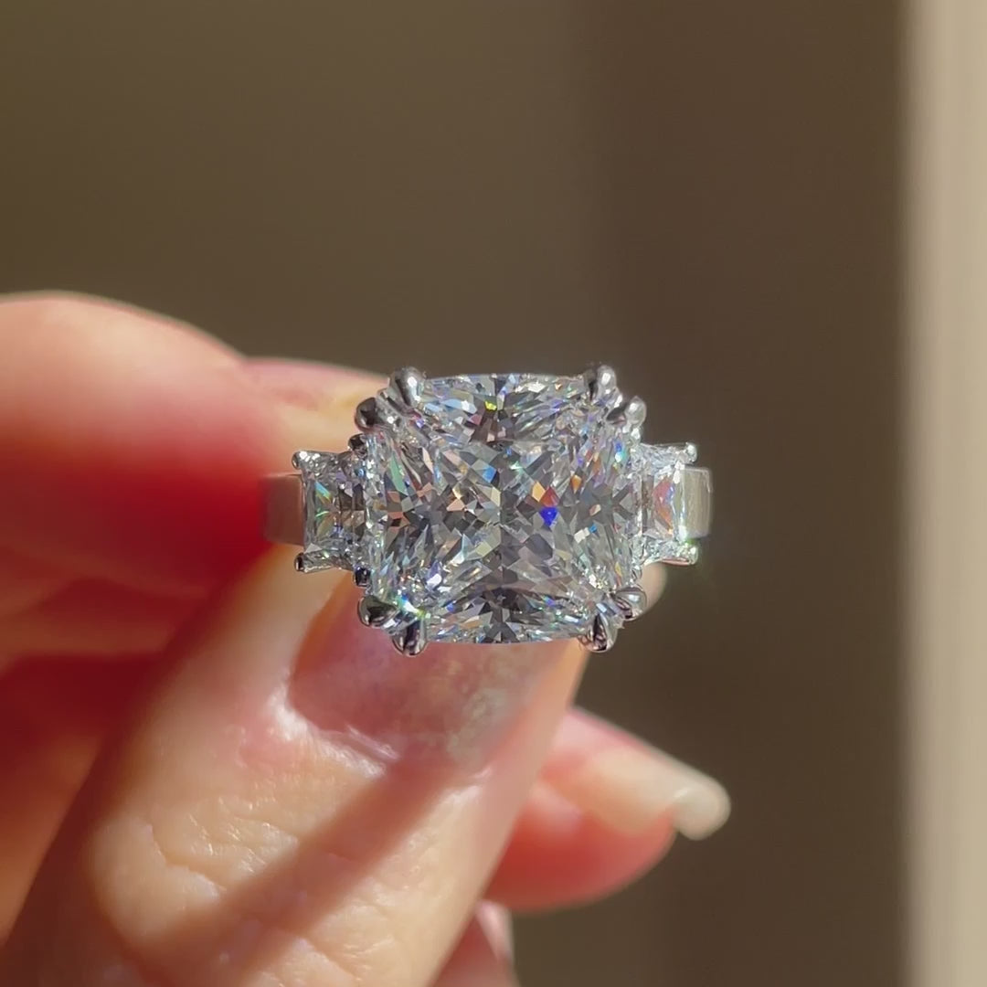 designer dual claw three stone 4 carat Radiant lab grown diamond engagement ring Quorri