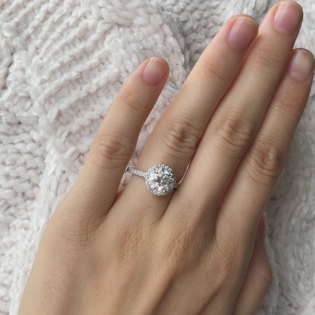 3 carat 18k white gold accented halo round diamond engagement ring Quorri