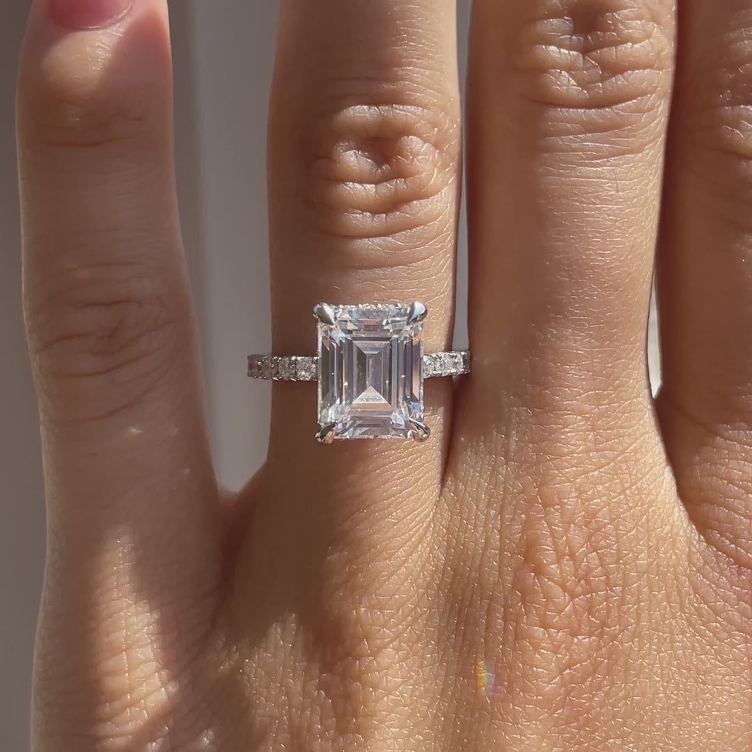 14k white gold accented under halo claw prong 4 carat emerald lab diamond engagement ring