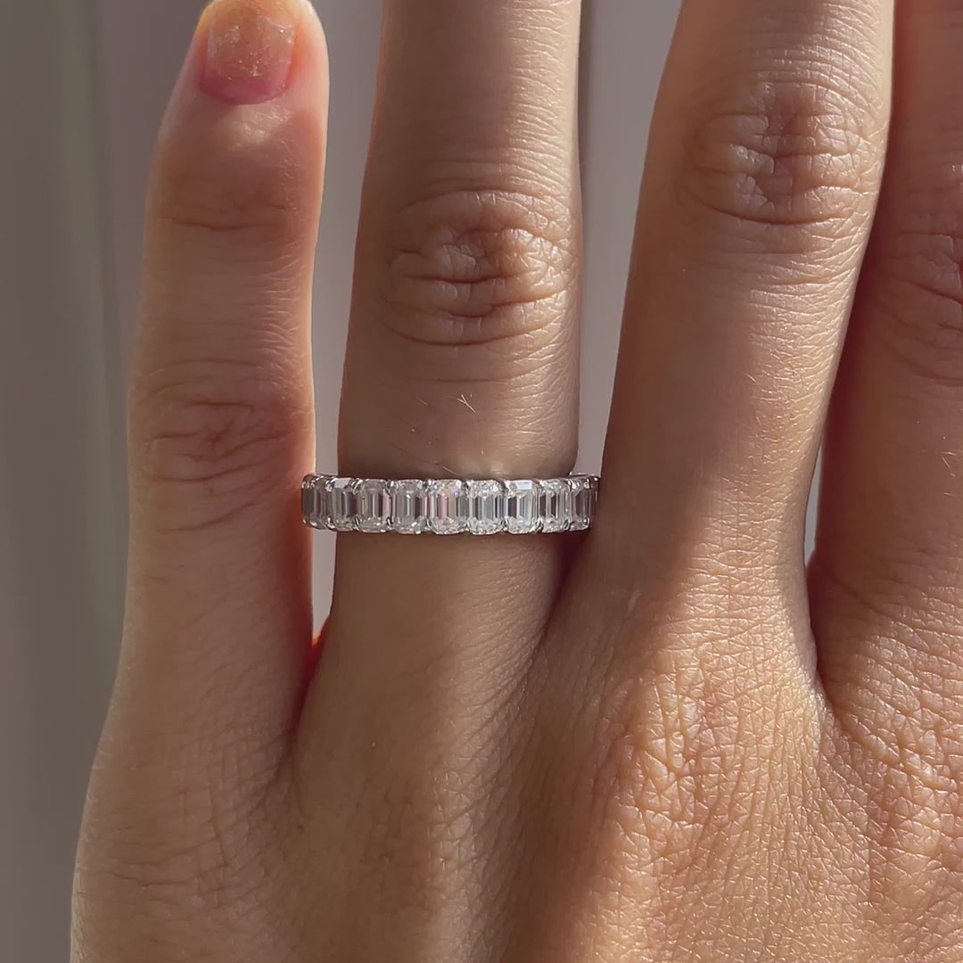 3 carats designer 18k white gold half way set emerald cut lab diamond wedding and anniversary ring at Quorri