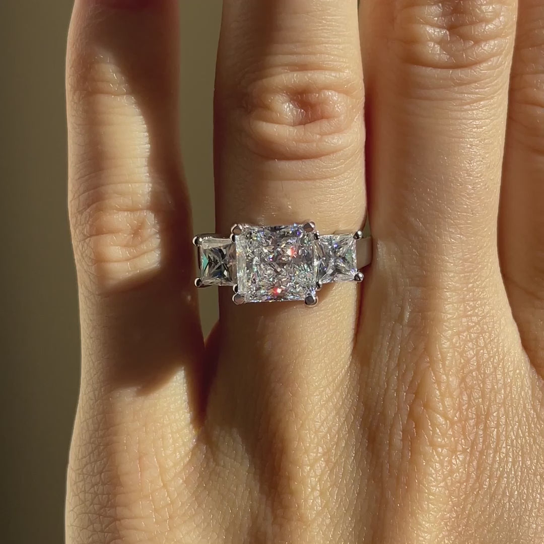 platinum 4 carat three stone trilogy princess lab diamond engagement ring Quorri