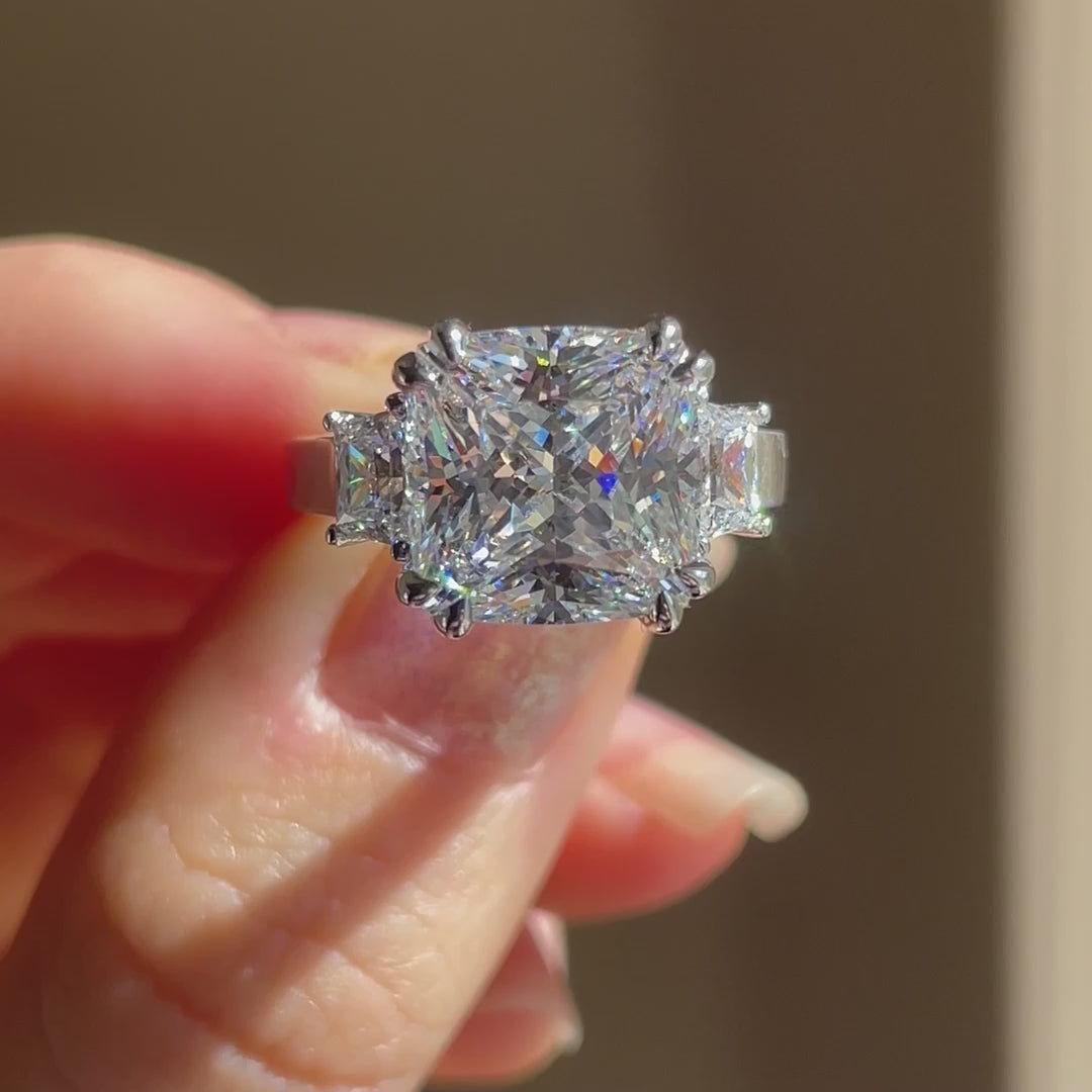 designer 18k white gold three stone 4 carat Radiant cut lab grown diamond anniversary ring Quorri Canada
