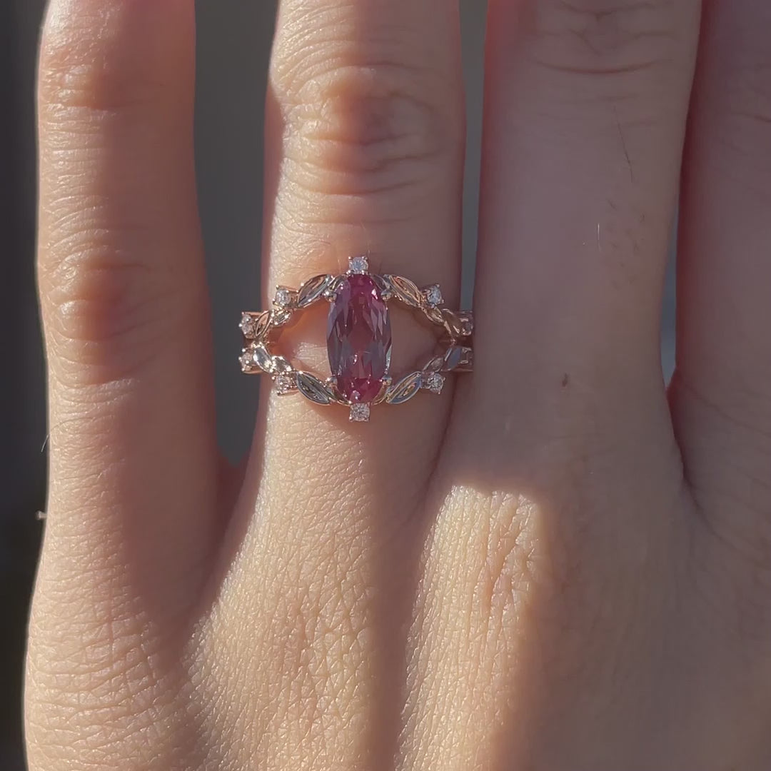 affordable vintage rose gold 3.5 carat elongated oval lab grown purple alexandrite engagement ring Quorri