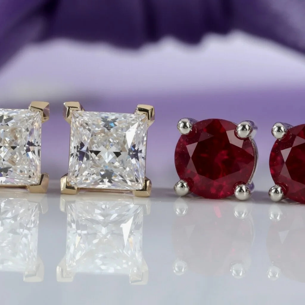 Lab diamond and ruby gemstone stud earrings in solid gold by Quorri