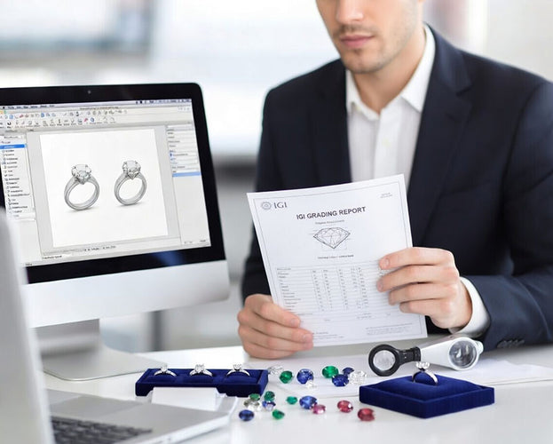 Gemologist reviewing certified lab diamond and gemstone report at Quorri
