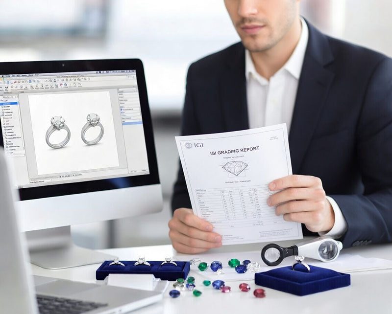 Gemologist reviewing certified lab diamond and gemstone report at Quorri
