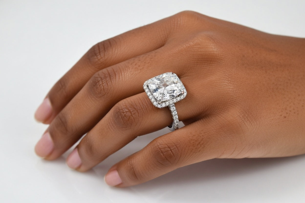 4 carat radiant halo lab diamond engagement ring with accented band white gold Quorri