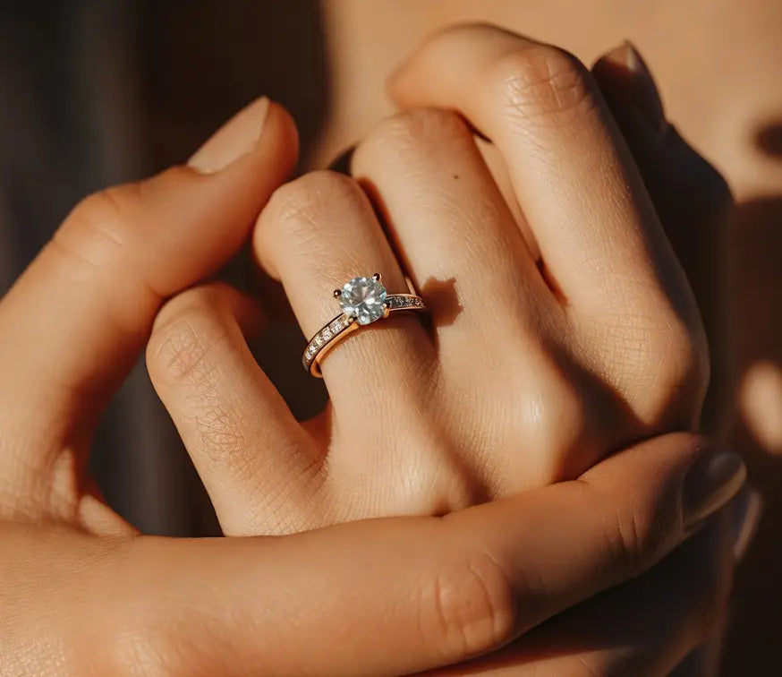 accented solitaire round lab diamond engagement ring on hand - Quorri