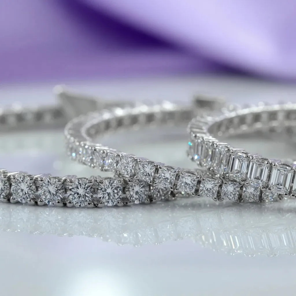 round, princess, and emerald cut lab diamond tennis bracelets - Quorri