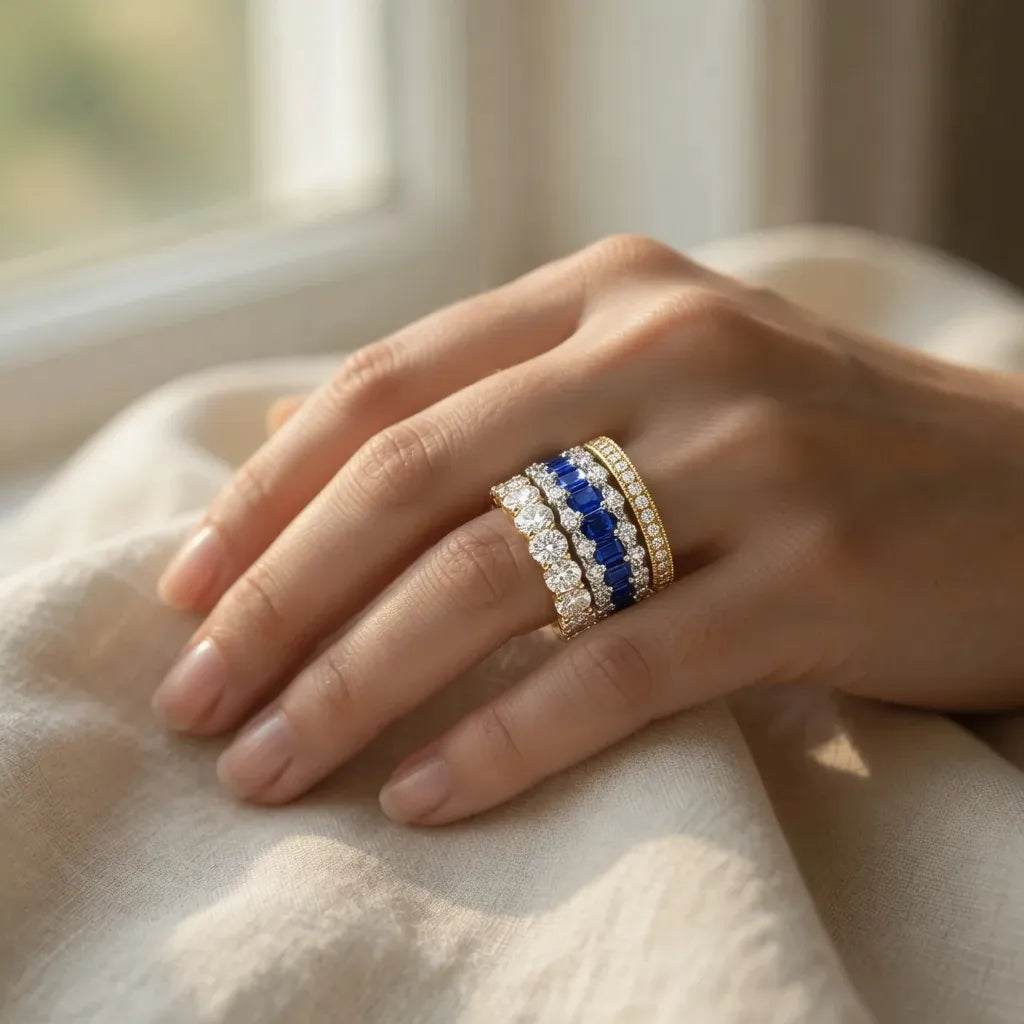 stacked lab diamond in yellow gold, chevron and alternating blue sapphire and diamond eternity rings on hand - Quorri