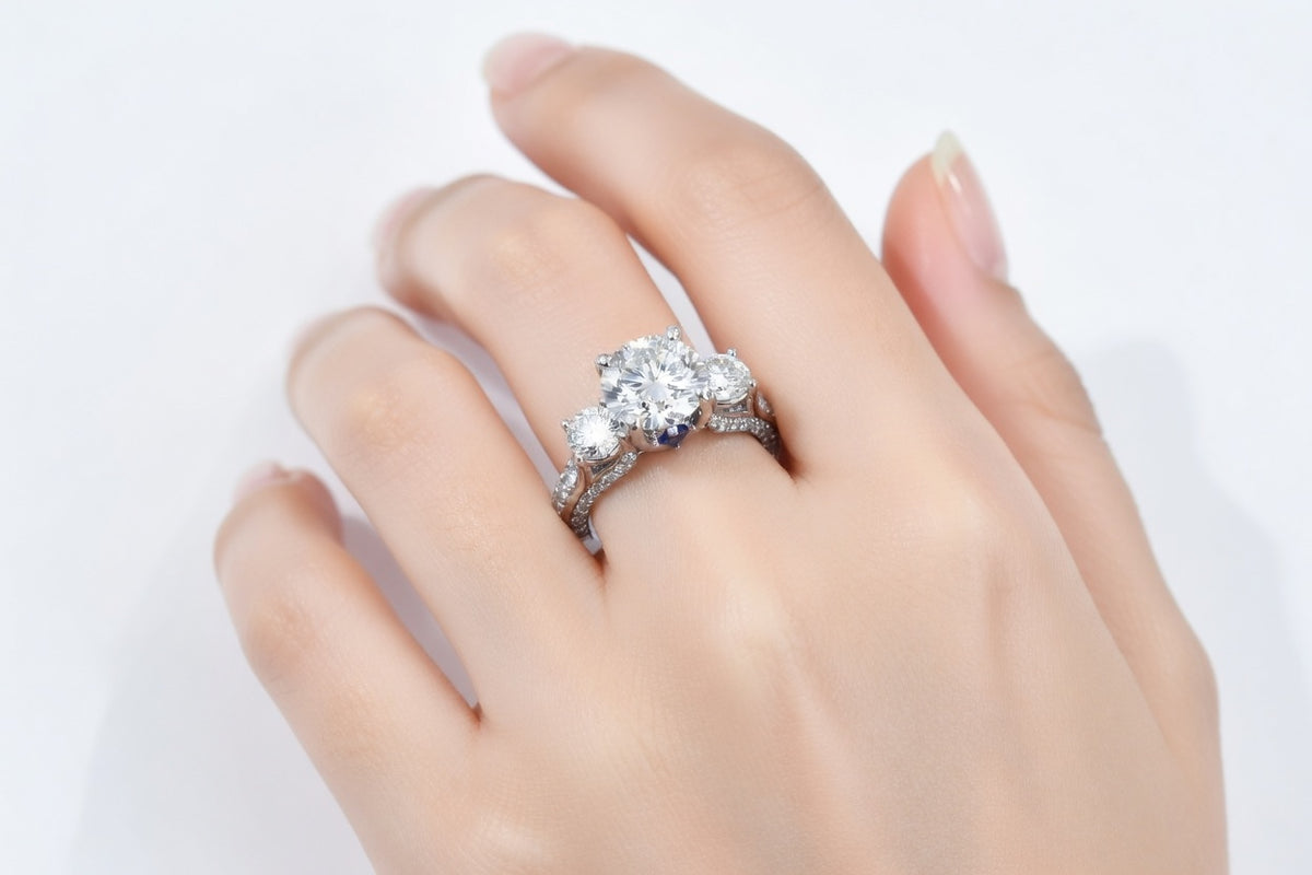 designer round three stone lab created diamond engagement ring platinum - Quorri