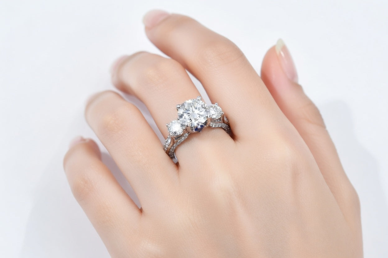 designer round three stone lab created diamond engagement ring platinum - Quorri
