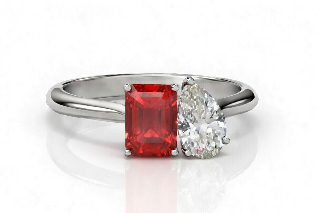 Toi et Moi 2 carat blood red ruby emerald with 2 carat lab diamond pear in white gold solitaire ring - Quorri