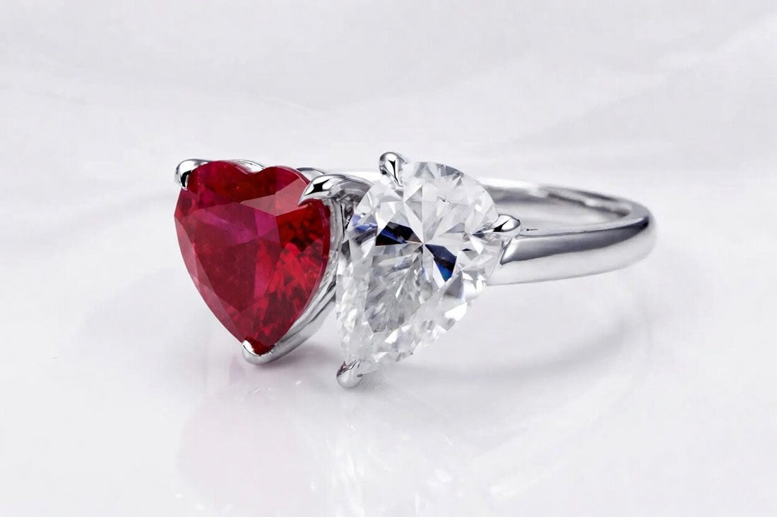 Toi et Moi lab grown blood red ruby heart with lab grown pear diamond white gold -  Quorri